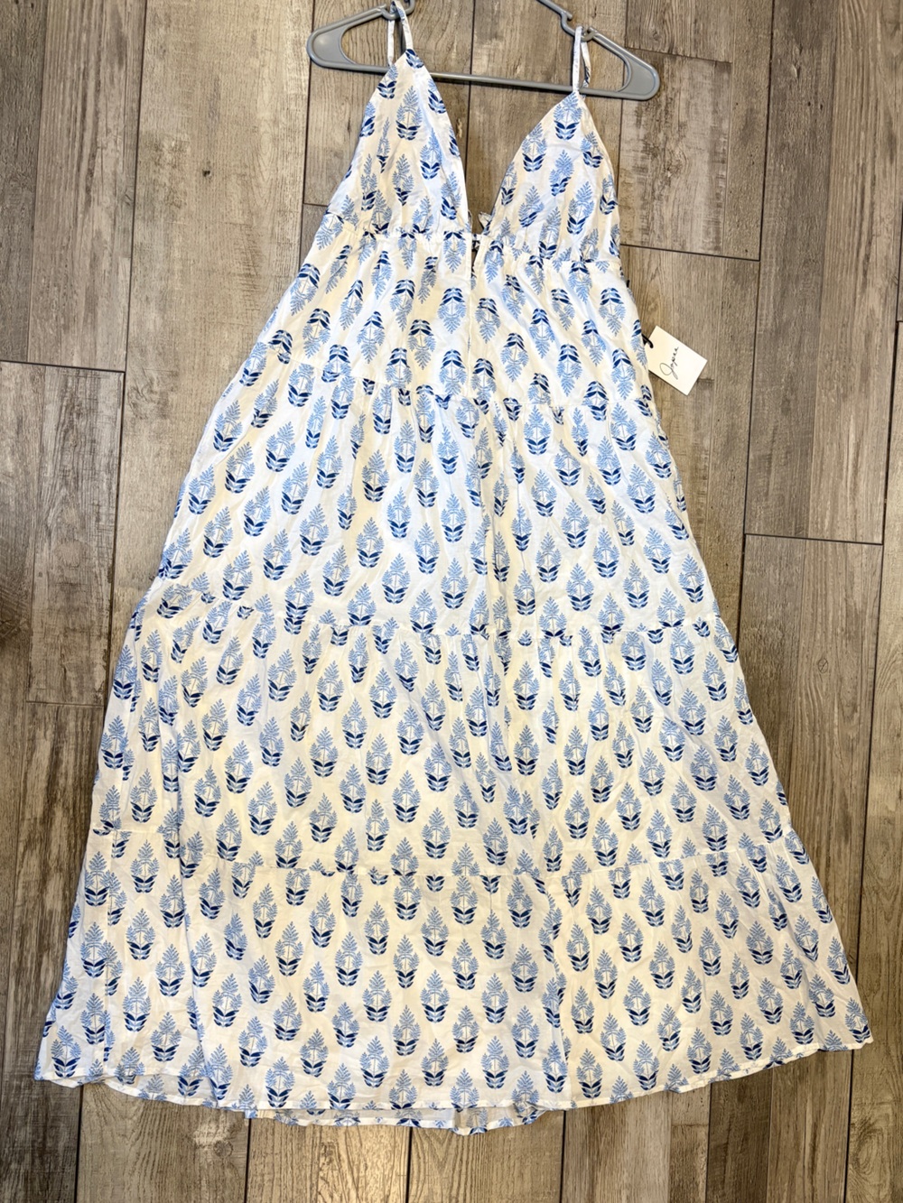 Japna White and Blue Leaf-Print Maxi Dress